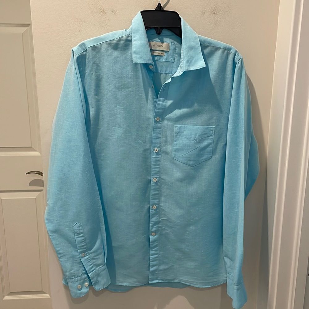 Biton Barbados long sleeve button down shirt aqua size Large